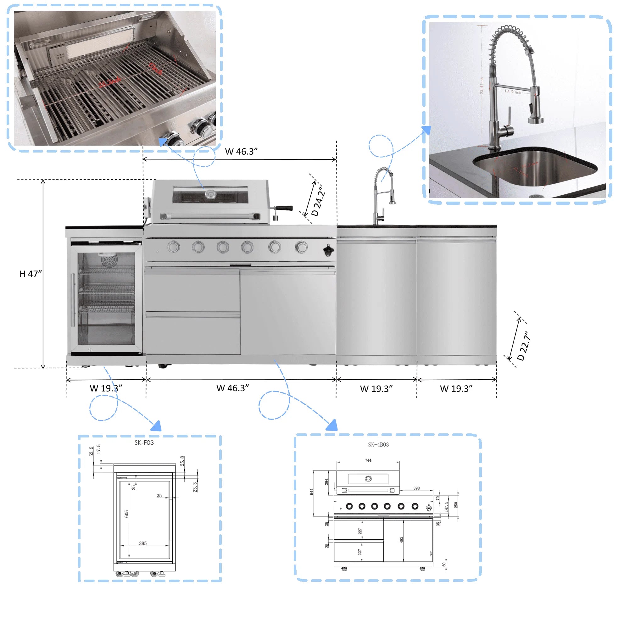 High-Quality 304 Stainless Steel Outdoor Kitchen Cabinet with Sink and Refrigerator