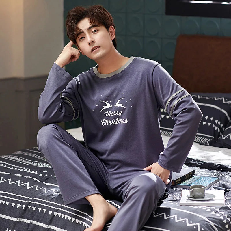 Men's Autumn Winter Cartoon Warm Striped Pajama Set