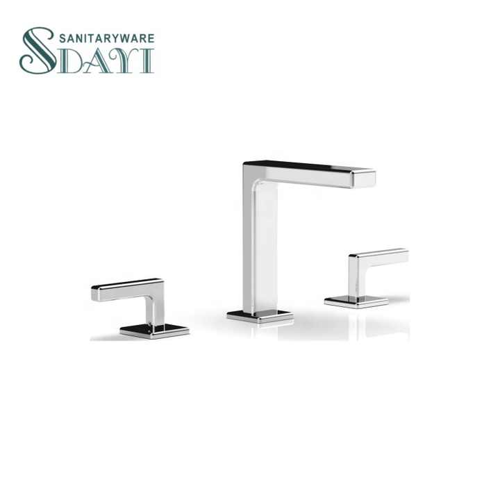 SDAYI Modern 3 Holes Bathroom Sink Faucet, Two Handles, Short Chrome Spout, Square Spout for Bathroom 