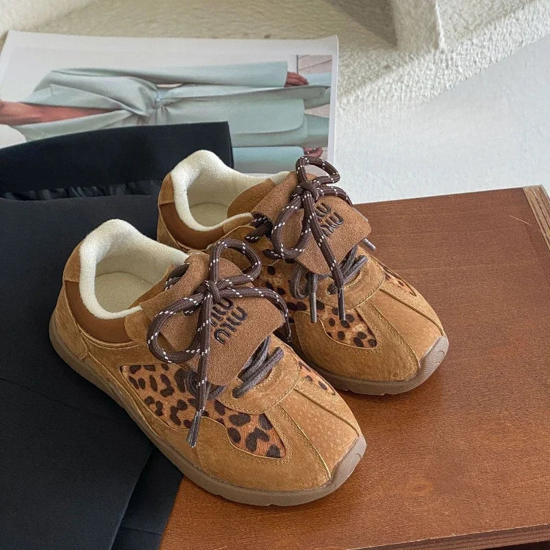 Winter Children's Boys Girls Leopard Brown Skateboarding Shoes Kids Toddler Letter Printed Flats Patchwork Streetwear Sneakers