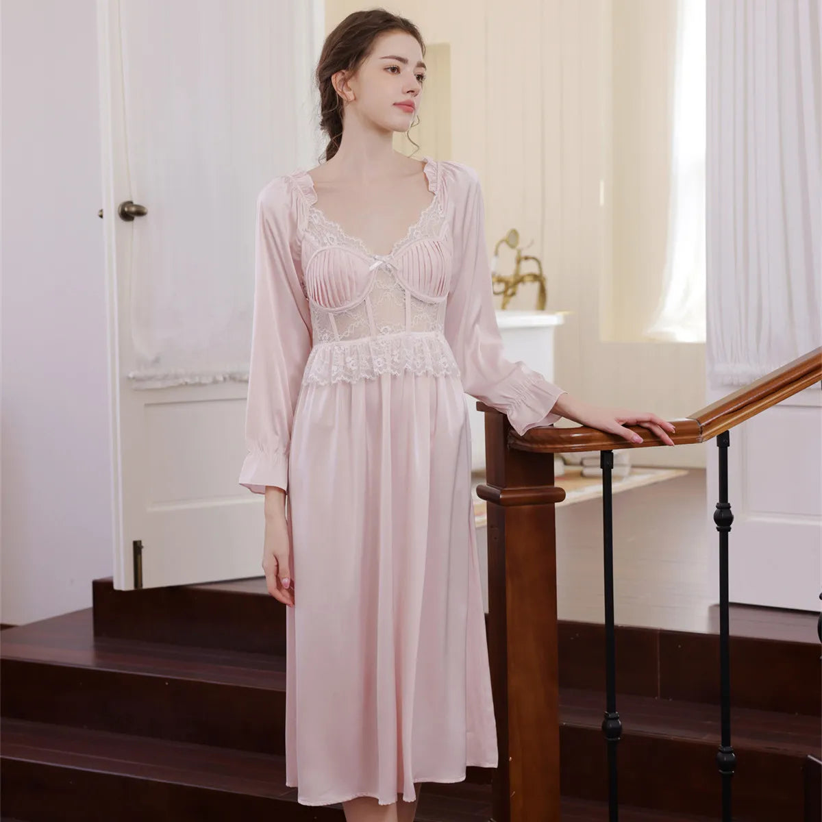 Elegant Nightgown with Soft Square Neck Long Sleeve Lace