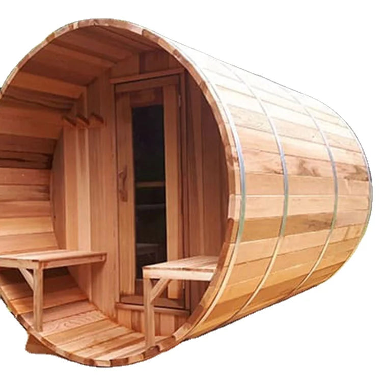 HELIUS Ready 6 person cheap outdoor red cedar steam sauna traditional electric heater barrel sauna with half glass and porch