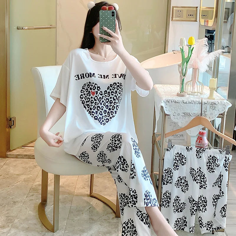 3-Piece Cool Silk Pajamas Set for Women with Cute Patterns