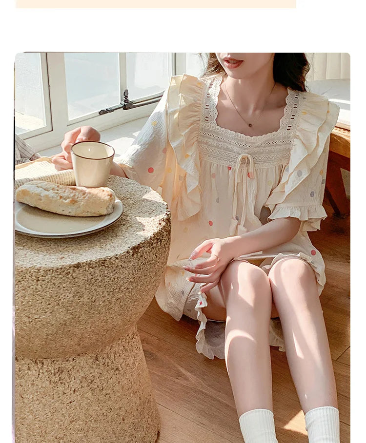 SAMWESTART Summer Lace Polka Dot Princess Pajamas Set