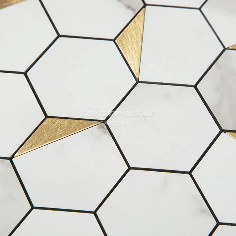 Self-adhesive white hexagon mosaic wall tiles made of aluminum composite plastic 