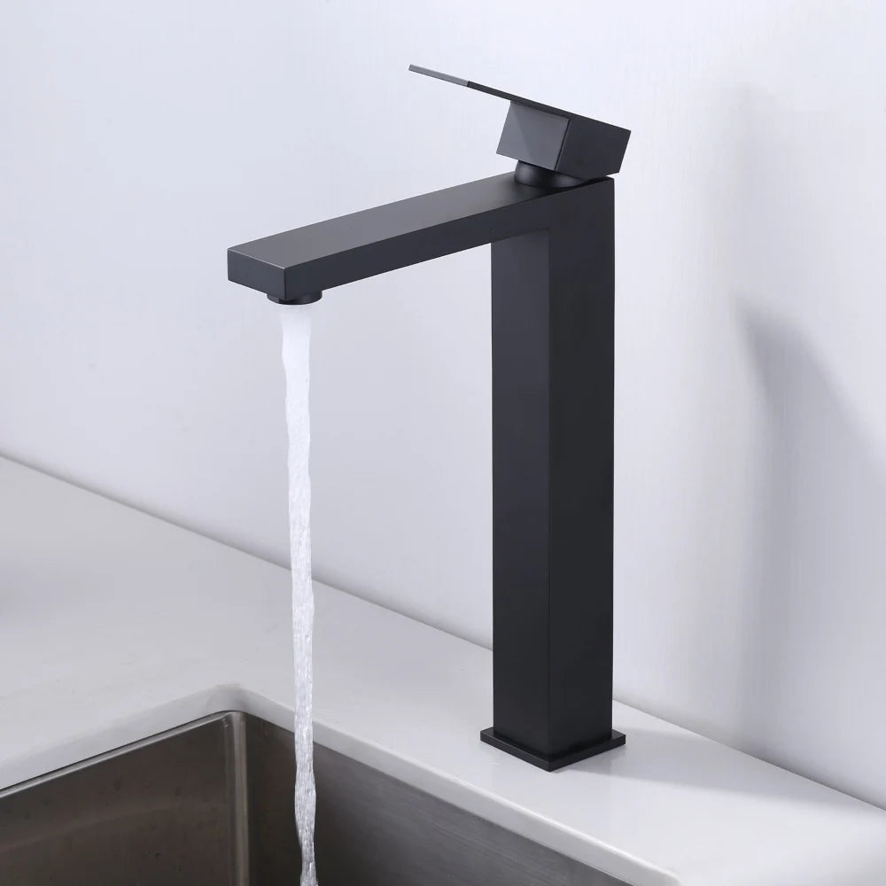 Modern Square 304 Stainless Steel Tall Bathroom Basin Faucet High Quality Ceramic Valve Core Single Hole Mounted Faucet