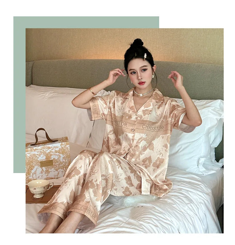 Bộ Đồ Ngủ Nữ Lụa 3 Món Hoa Ngọt Ngào Sang Trọng