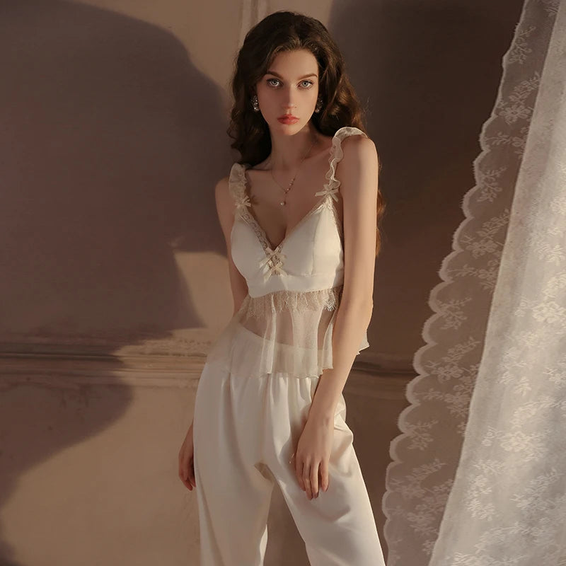 ### Luxurious Long Set of Lace Padded Mesh Home Wear