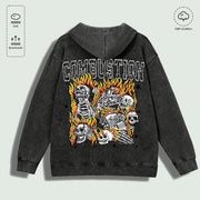 Áo hoodie đen với chữ "COMBUSTION" và hình sọ người, xương, lửa đỏ vàng ở mặt sau.