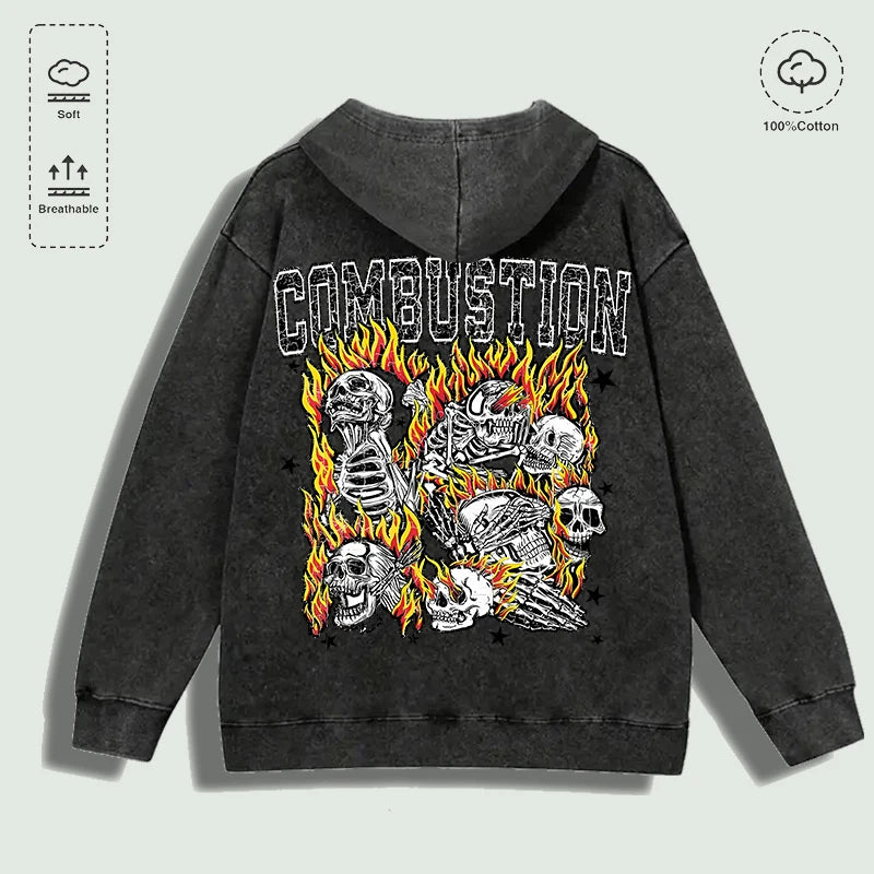Áo hoodie đen với chữ "COMBUSTION" và hình sọ người, xương, lửa đỏ vàng ở mặt sau.