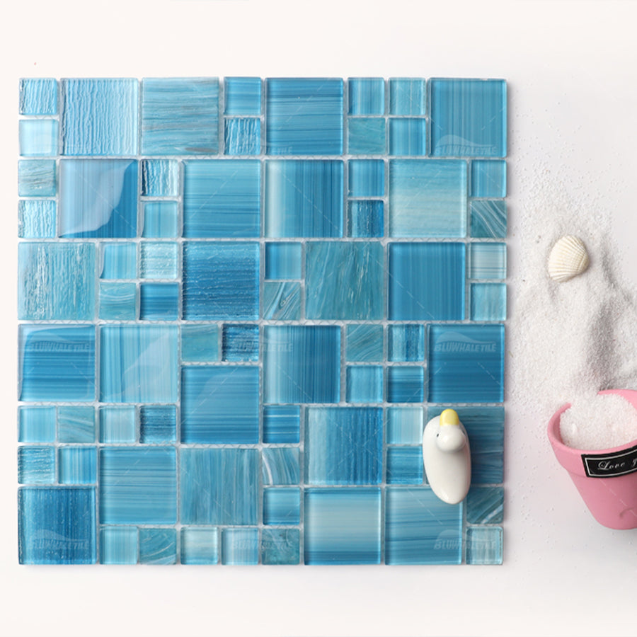 Free Sample OEM Supplier Iridescent Crystal Glass Mosaic Tiles Green Blue Sea Water Swimming Pool Floor Wall Tiles 
