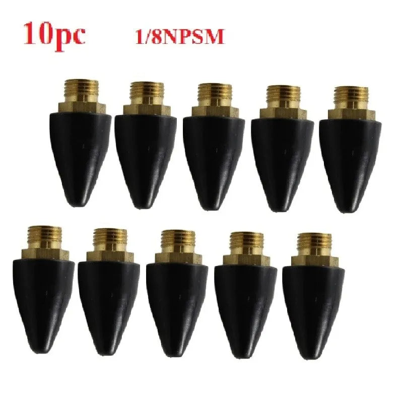 10 đầu phun nước màu đen, chân ren vàng, sắp xếp 2 hàng, nền trắng.