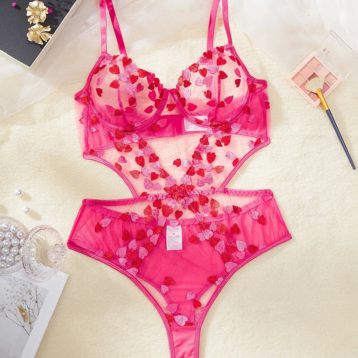 New Spring New One-Piece Embroidery Love Lace Sexy Underwear Suit Women Lace Mesh Bra Set - Daisan Mart