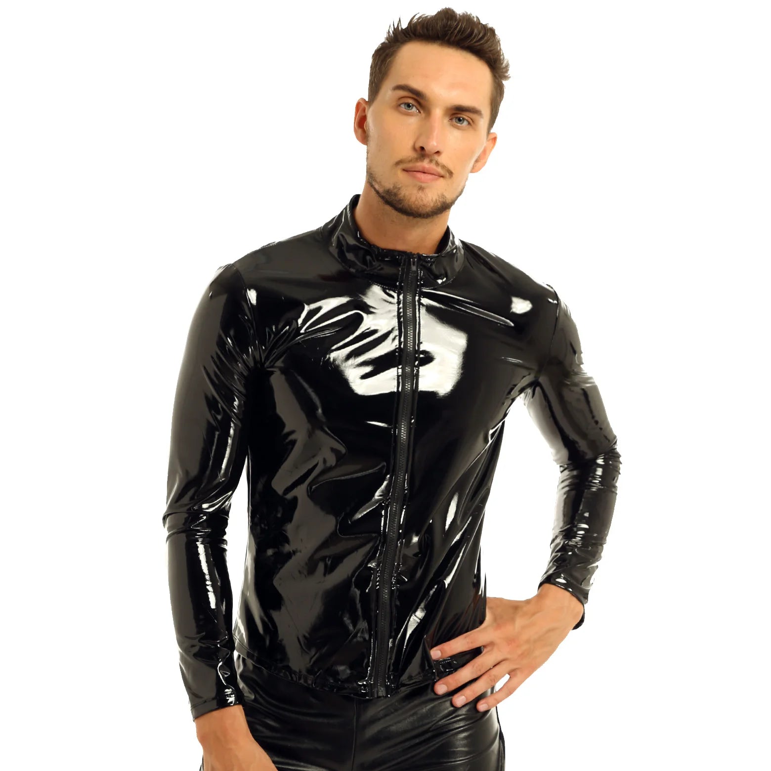 Men's Fashionable Bodycon Shiny Leather Evening Shirt