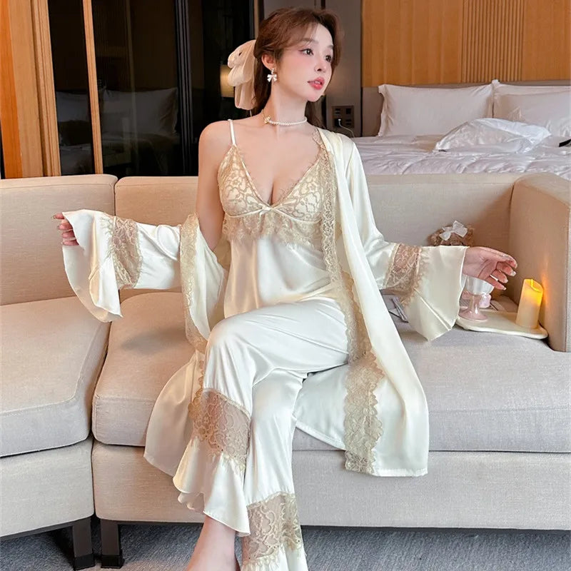 3-Piece Sexy Silk Pajamas Set for Women with Thin Straps