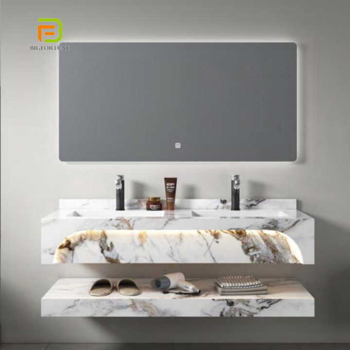 Modern design wall mounted sintered marble wash basin cabinet, double sink bathroom floating with smart mirror 