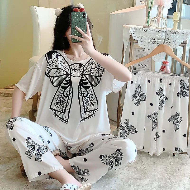 3-Piece Cool Silk Pajamas Set for Women with Cute Patterns