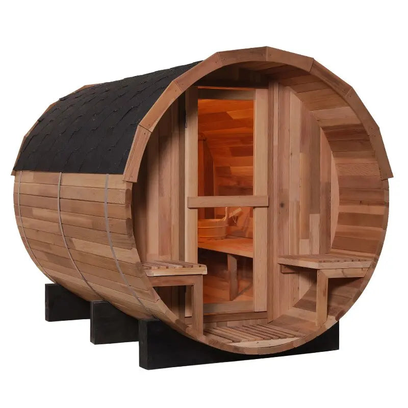 HELIUS Outdoor Barrel Sauna Solid Wood Red Cedar Outdoor Sauna 4 People Outdoor Steam Sauna