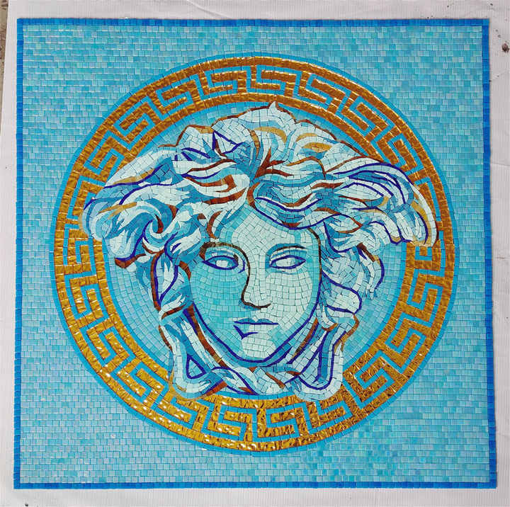 Modern square glass mural 100x100cm Medusa goddess of the pool medallion mosaic art wall tile design style