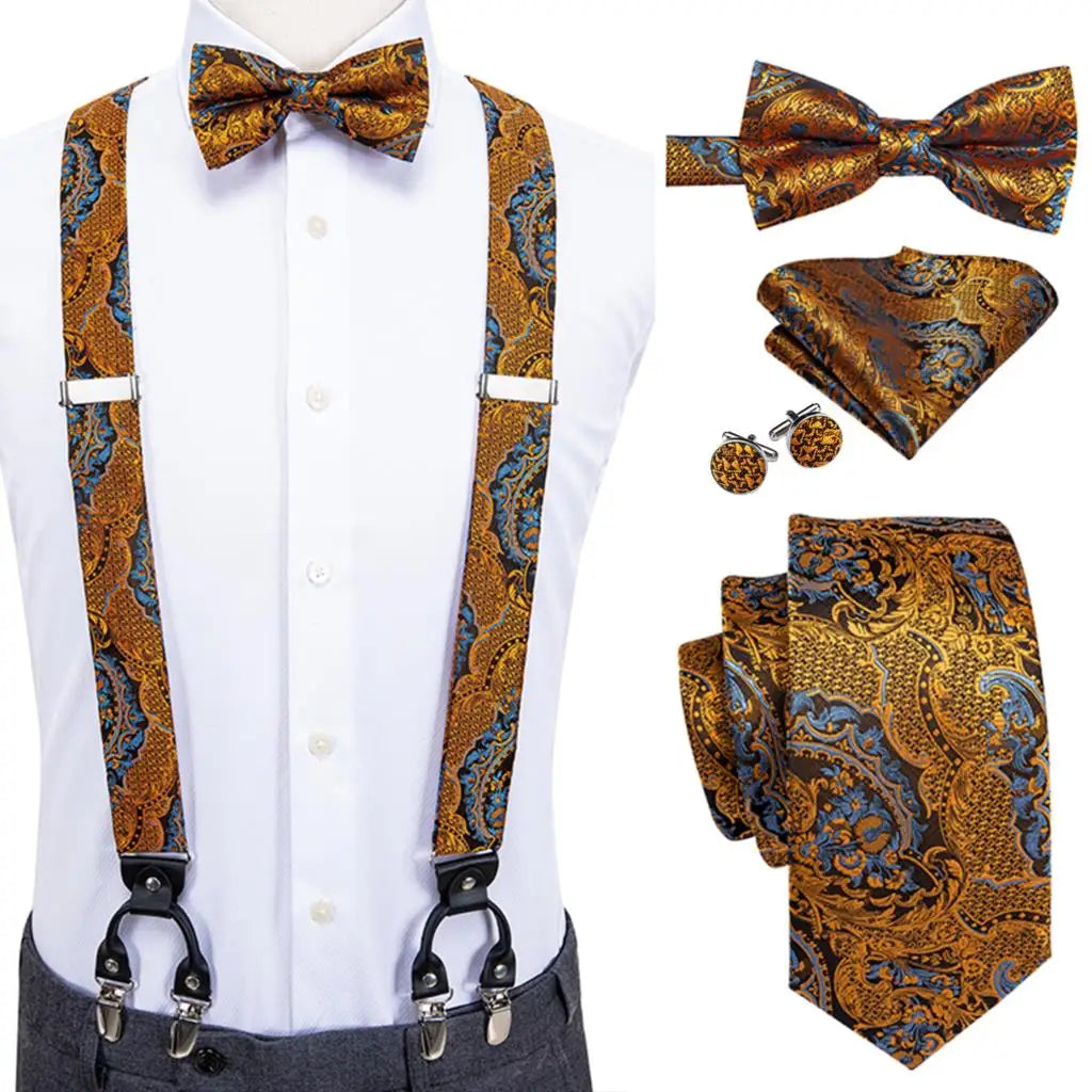 奢華復古金色花卉男士高領絲綢腰帶和領結