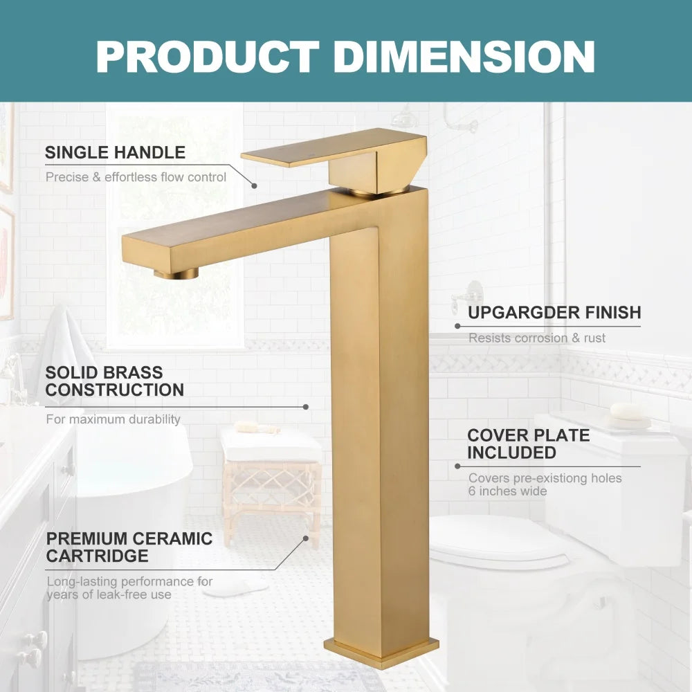 Modern Square Stainless Steel High Rise Washbasin Mixer Faucet Ceramic Brushed Gold Hot Sale Bathroom Basin Faucet