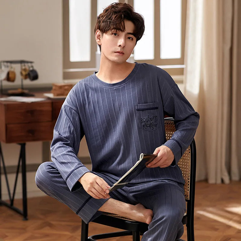 Men's Autumn Winter Cartoon Warm Striped Pajama Set