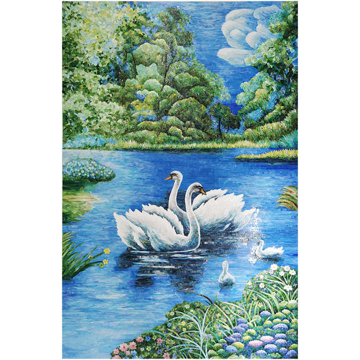 Swan Lake Blue Art Wall Painting Elegant Landscape Hand Cut Glass Mosaic Decoration for Villa and Hotel 