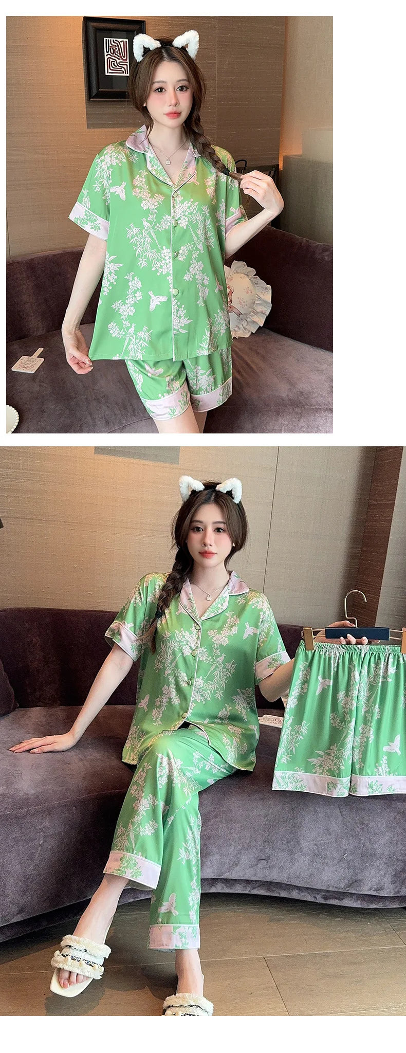 Bộ Đồ Ngủ Lụa Nhân Tạo Mùa Xuân Hè Thanh Lịch