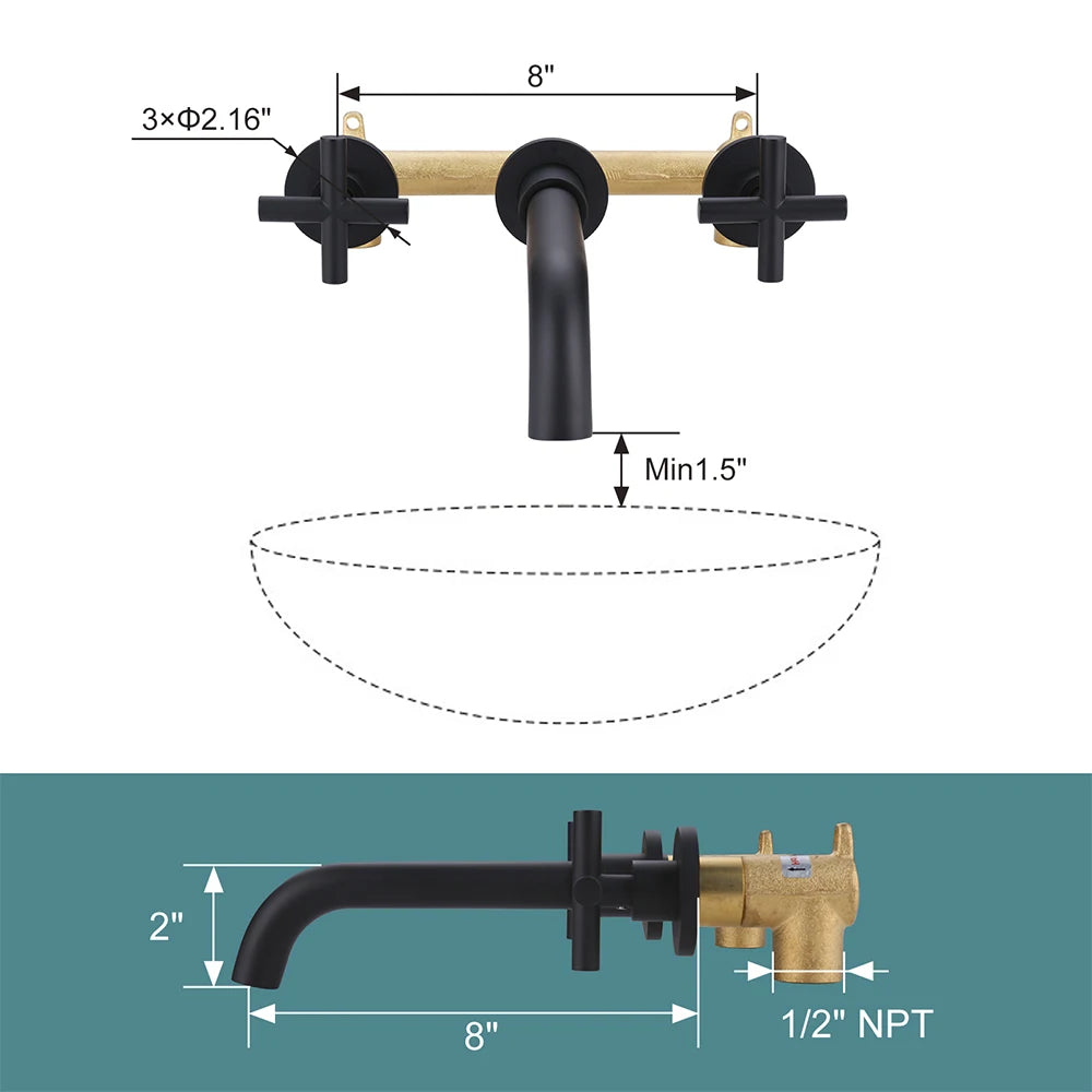 Matte Black Lavatory Faucet,Wall Mounted Vessel Sink Faucet,2 Handle Vessel Sink Faucet Wall Mount Bathroom Faucet - Daisan Mart
