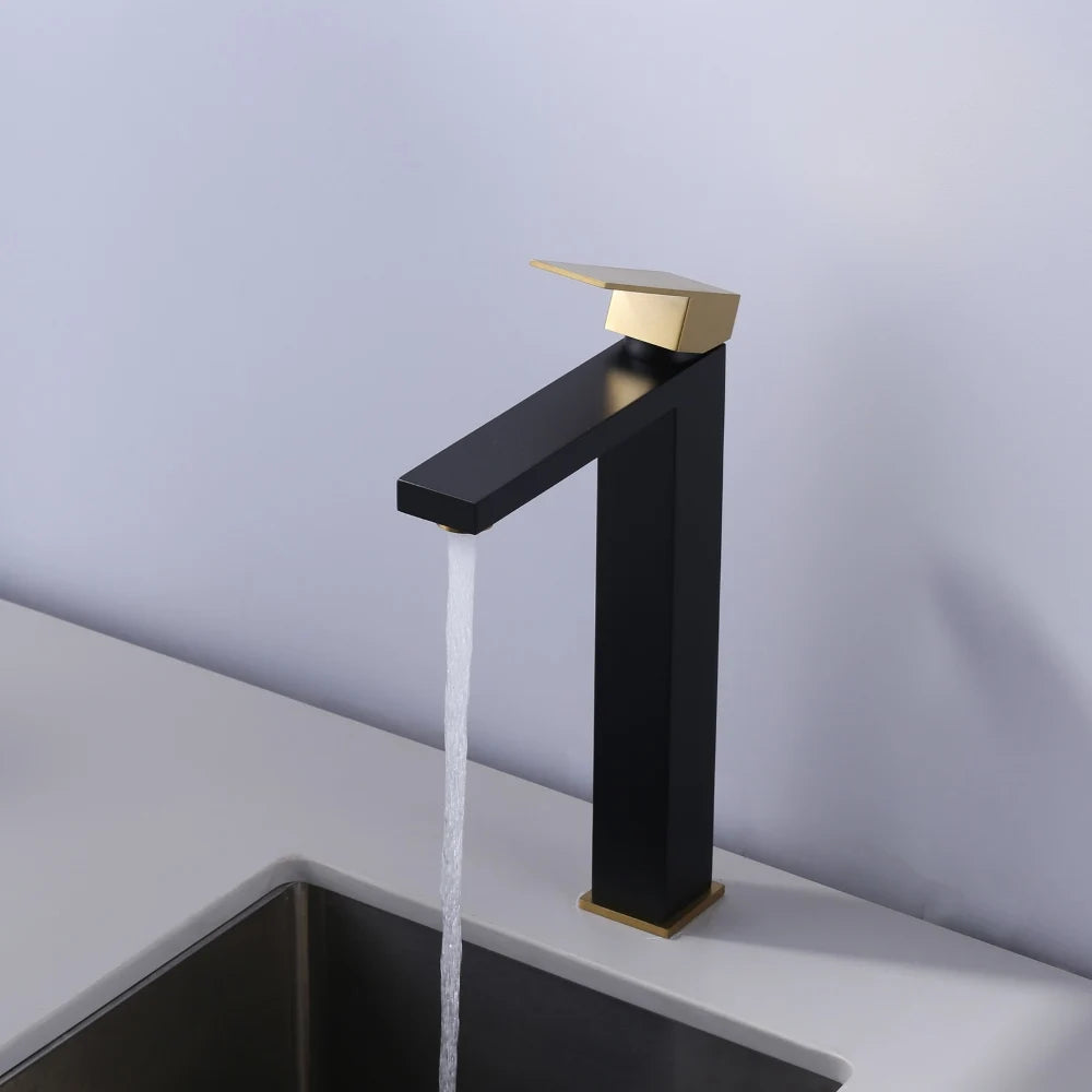 Bathroom Washbasin Faucet Deck Mounted Single Hole Basin Mixer Tap,Square 304 Stainless Steel Black Gold Basin Sink Faucet - Daisan Mart