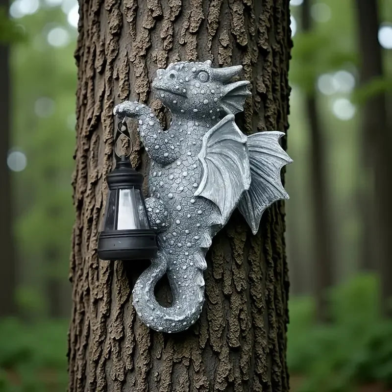 Solar- Dragon Tree Hugger Garden Statue - Glowing Resin Dragon Figurine Night Light with Solar Lantern, Outdoor/ Wall/Fence - Daisan Mart