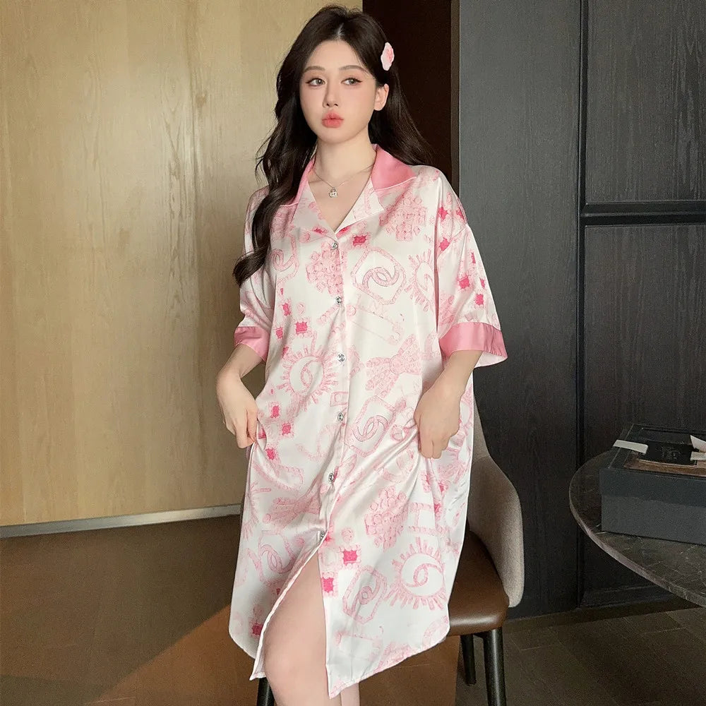 New 2024 Women's Big Size Loose-fitting Cool Silk Nightgown
