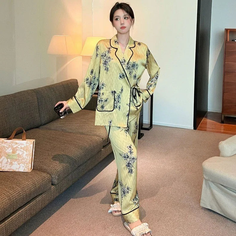 Women's Silk Pajama Set Fall 2024, Left-Hand Print Blue Collar