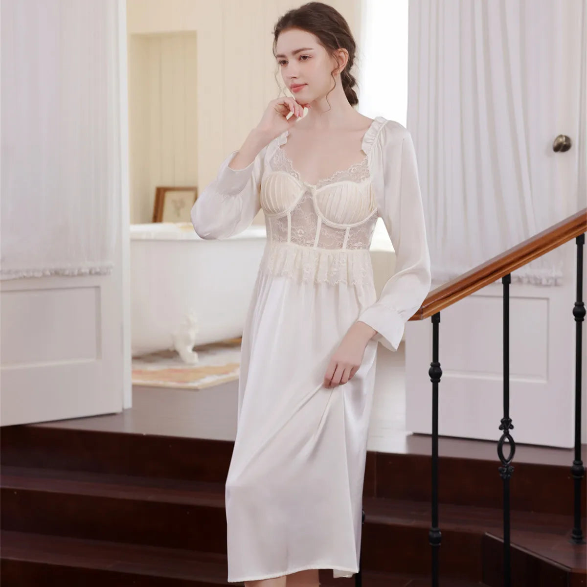 Elegant Nightgown with Soft Square Neck Long Sleeve Lace