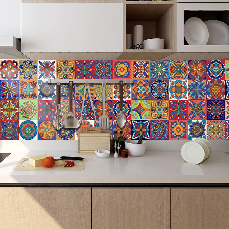 Colorful Mandala Style Strip Tiles Wall Sticker Kitchen Wardrobe Bathroom Waterproof Wallpaper Peel &amp; Stick Art Wall Decals