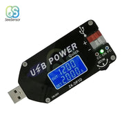 Thiết bị USB màu đen với màn hình xanh hiển thị "OUT 12.00V" và "SET 2.00A", có đèn LED xanh.