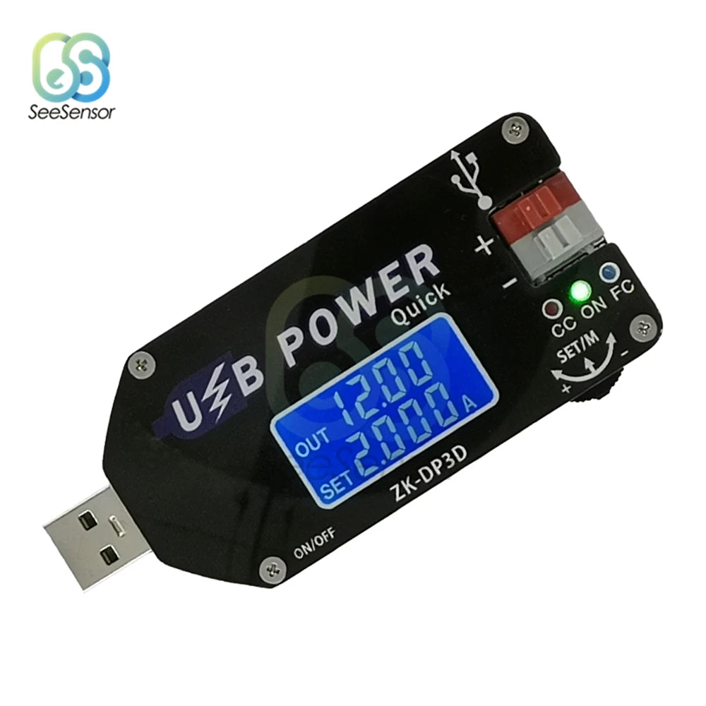 Thiết bị USB màu đen với màn hình xanh hiển thị "OUT 12.00V" và "SET 2.00A", có đèn LED xanh.