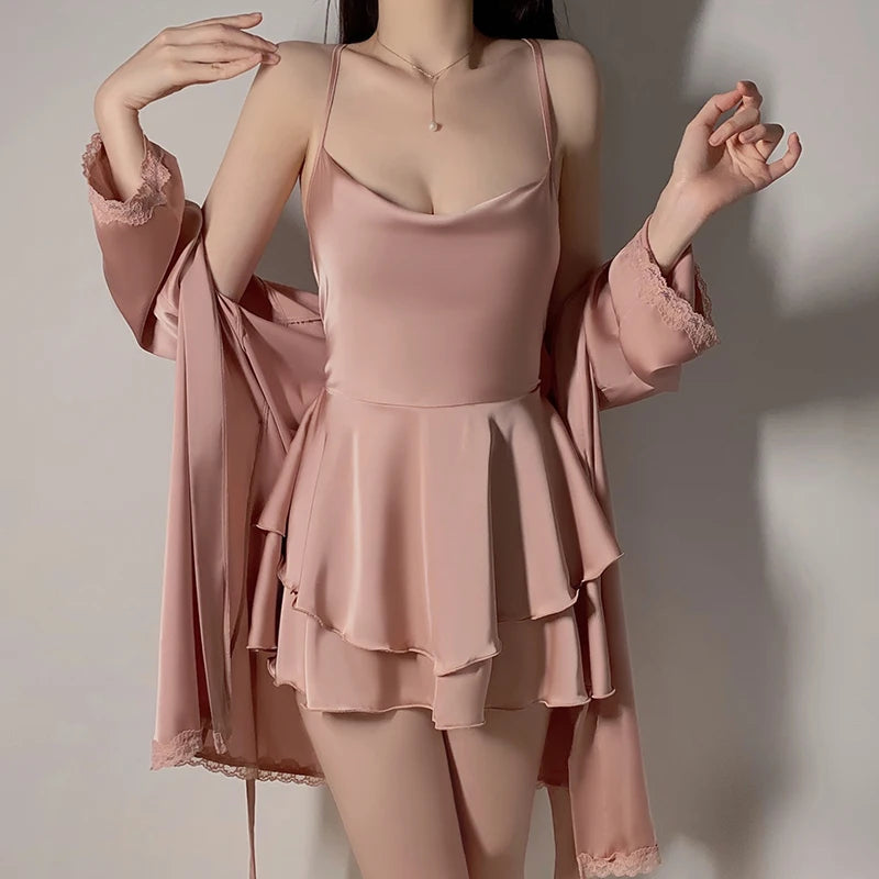 Sexy 2-Layer Silk Dress with Sexy Straps, Solid Color
