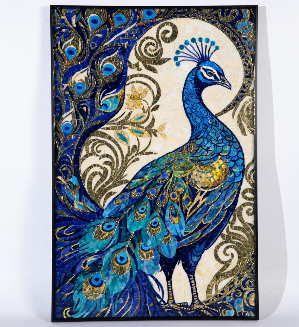 Natural Stone And Glass Mosaic Painting Peacock For Wall Decoration