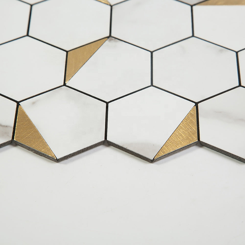 Self-adhesive white hexagon mosaic wall tiles made of aluminum composite plastic 