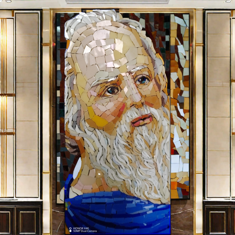 Small handmade mosaic painting decorates modern luxury living room hallway 