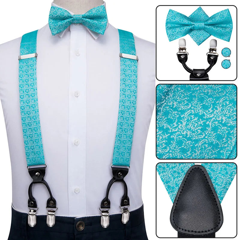 高品質男士紅色花朵絲綢皮革蝴蝶結及皮帶套裝，含6個夾子