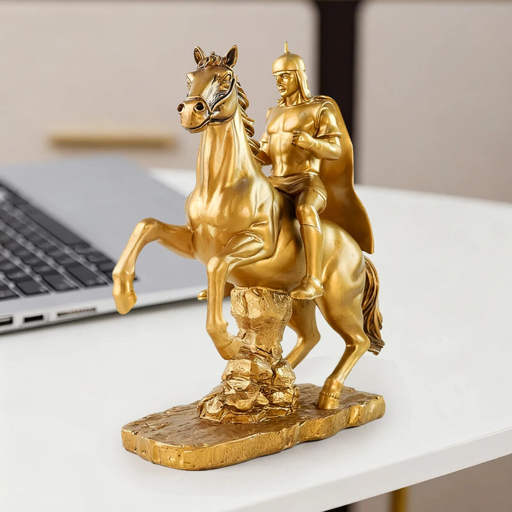US Stock Golden Knight on Horseback Resin Statue, Medieval Warrior Home Decor - Daisan Mart