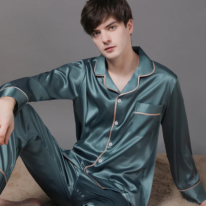 High-end luxury silk pajamas for men and women autumn and winter