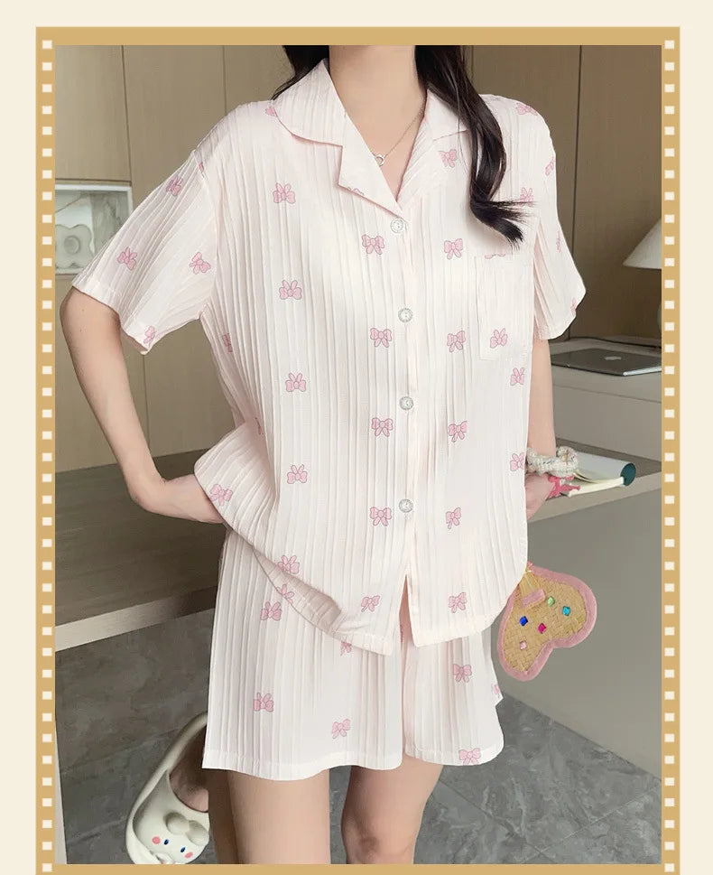 Women's Summer Cotton Striped Pajamas with Cute Bow