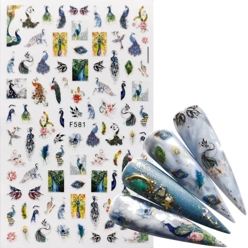 3D美甲貼紙 黑色俄羅斯字母貼紙 火烈鳥設計 黏性美甲貼片 美甲裝飾