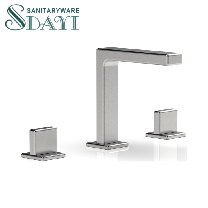 SDAYI modern 3 hole 2 handle floor mounted washbasin faucet, square polished brass washbasin faucet 