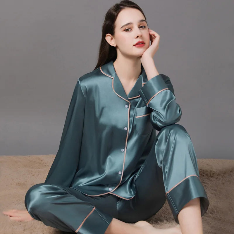 High-end luxury silk pajamas for men and women autumn and winter