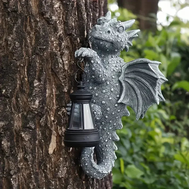 Solar- Dragon Tree Hugger Garden Statue - Glowing Resin Dragon Figurine Night Light with Solar Lantern, Outdoor/ Wall/Fence - Daisan Mart