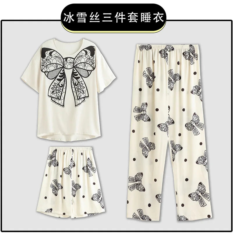 3-Piece Cool Silk Pajamas Set for Women with Cute Patterns